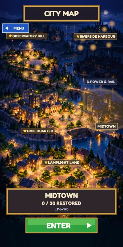 The GRIDFIX City Map at night, with labels for Observatory Hill, Riverside Harbour, Power & Rail, Midtown, Civic Quarter and Lamplight Lane. Midtown is selected: 0 of 30 restored, levels 116 to 145.