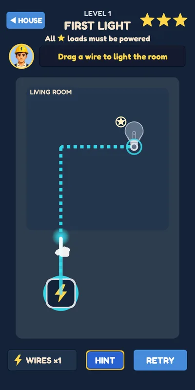 GRIDFIX Level 1, First Light: one Living Room with a power source and a single bulb, and a hint showing how to drag a wire between them.