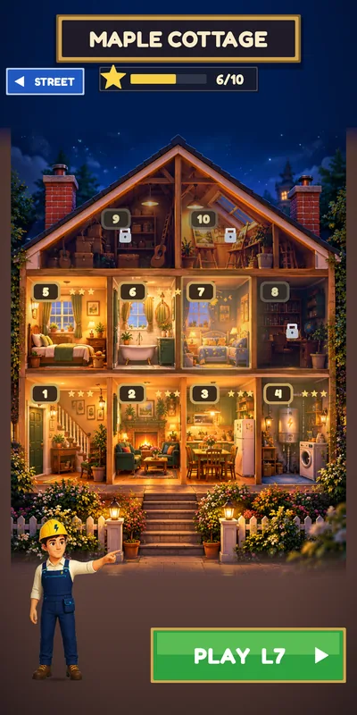 Maple Cottage shown in cross-section at night: ten numbered rooms, most of them lit, two still locked, and Sparky pointing at the Play L7 button.