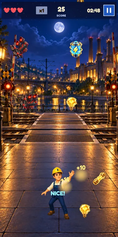 Sparky Power Rush gameplay: Sparky catches a glowing bulb on a lamplit rail-yard street at night. The HUD shows three hearts, a x1 combo, a score of 25 and 02:48 on the timer.