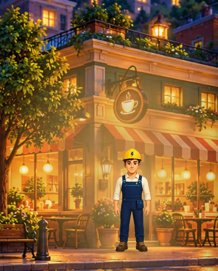 Sparky, in a yellow hard hat and navy overalls, standing on a lantern-lit night street outside the Corner Café in Lamplight Lane.